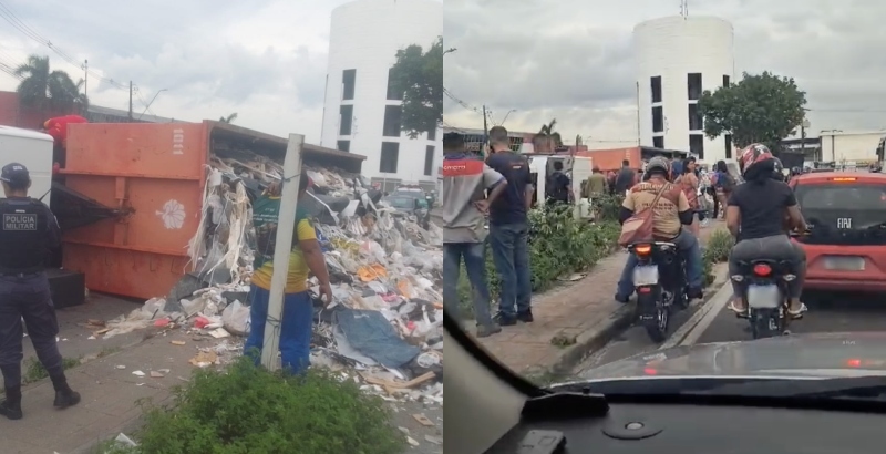 Urgente: carreta lotada de entulho tomba e deixa trânsito caótico no Nova Cidade; veja vídeos