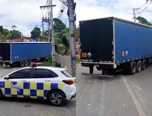 Urgente: carreta perde o controle e fica 'atravessada' na 'ladeira da Morte' da comunidade Santa Inês; veja vídeo