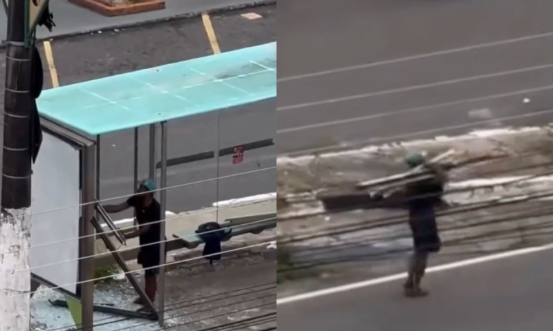 Homem destrói parada de ônibus para r0ubar alumínio em avenida de Manaus; veja vídeo