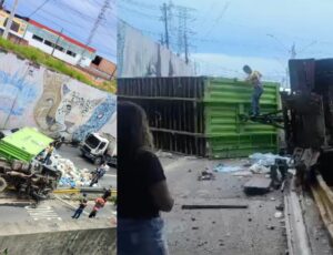 Urgente: Carreta perde o controle e tomba na Avenida das Flores; veja vídeos