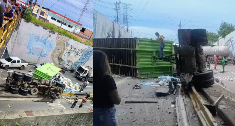 Urgente: Carreta perde o controle e tomba na Avenida das Flores; veja vídeos
