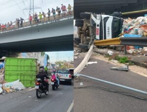 Trânsito fica caótico após carreta tombar na Avenida das Flores; veja vídeo