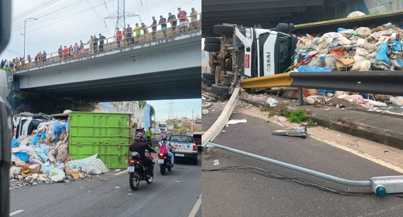 Trânsito fica caótico após carreta tombar na Avenida das Flores; veja vídeo