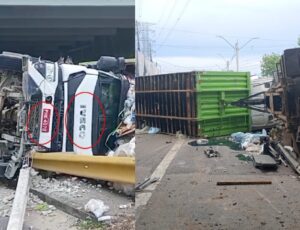 “Placa Adultera?”: Carreta da Iveco que tombou na avenida das Flores está registrada como se fosse da Volkswagen