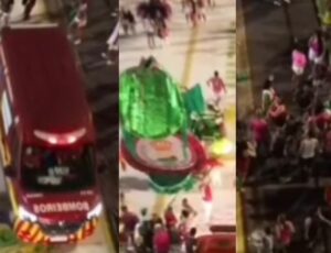 Integrante da Reino Unido cai de carro alegórico durante ensaio técnico no Sambódromo