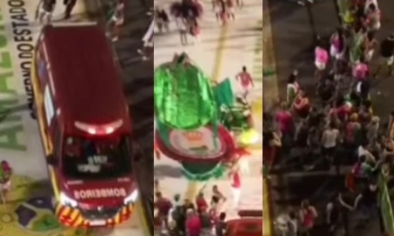 Integrante da Vitória Régia cai de carro alegórico durante ensaio técnico no Sambódromo