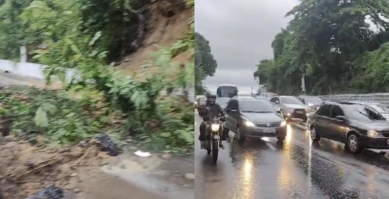 Barranco desaba na av. Recife e complica trânsito em Manaus; veja vídeo