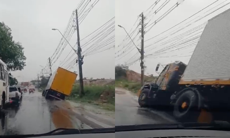 Caminhão tomba e paralisa trânsito na Avenida Torquato Tapajós