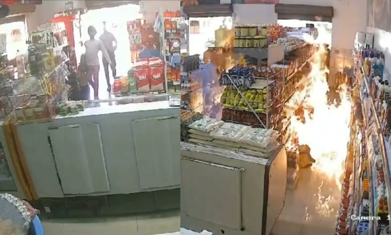 Assaltantes revoltados tocam fogo em padaria após roubarem apenas R$ 25 no caixa; veja vídeo