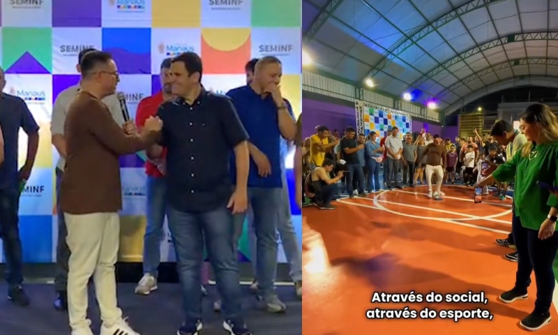 Rodrigo Guedes e Renato Junior comemoram juntos a reforma da quadra poliesportiva no bairro Aparecida; veja vídeo