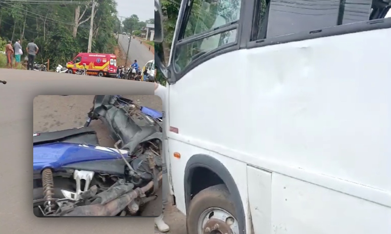 Motoqueiro e garupa ficam em estado gravíssimo após baterem contra micro-ônibus em Manacapuru; veja vídeo
