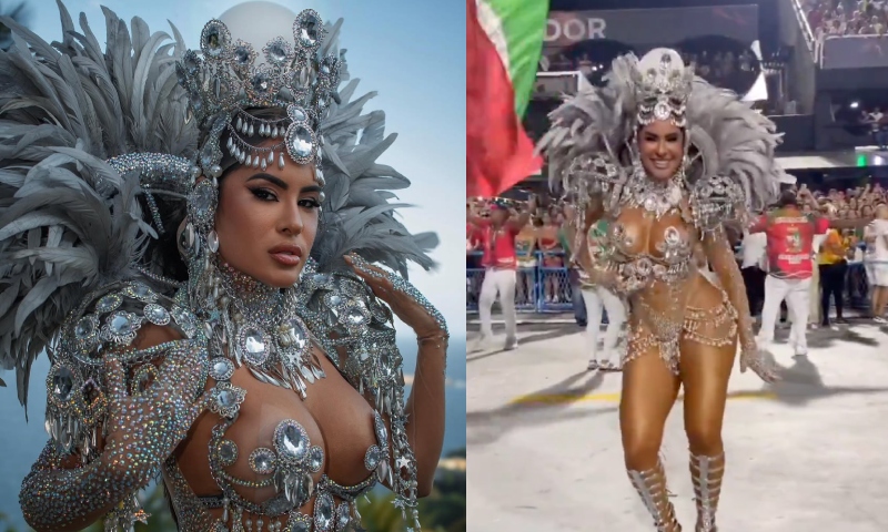 Isabelle Nogueira mostra que tem samba no pé e encanta foliões durante ensaio da Grande Rio