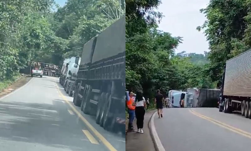 Carreta tomba na BR-174 e bloqueia estrada entre Manaus e Boa Vista; veja vídeos