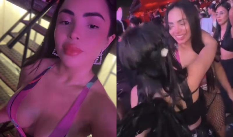 De fio dental e saia transparente, Sandy Brasil é filmada caindo de boca em blogueira no Bloco do Manaus Memes