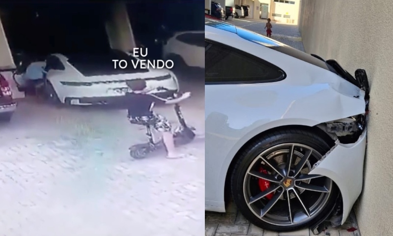 Menino de 9 anos liga Porsche de R$ 1 milhão do vizinho e bate carro no muro do condomínio; veja vídeo