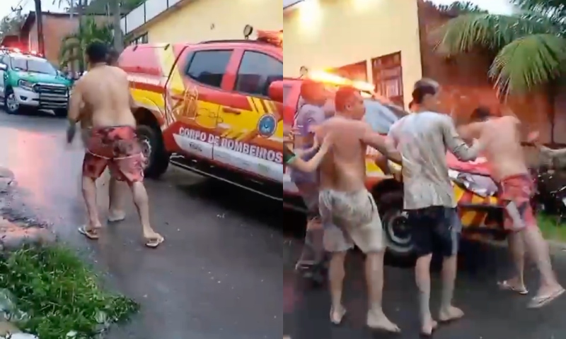 Revoltado com a tragédia no Fazendinha, morador joga pedra na viatura do Corpo de Bombeiros; veja vídeo