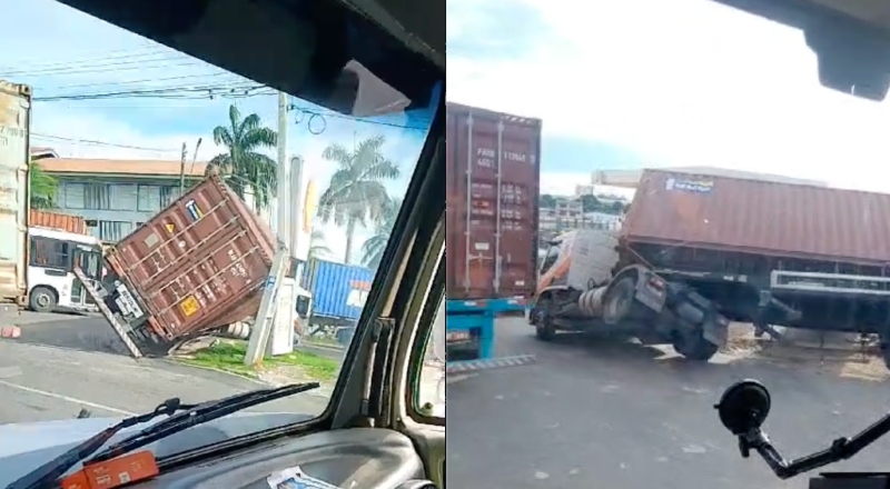 Carreta tomba em curva e bloqueia trânsito na Colônia Oliveira Machado; veja vídeos