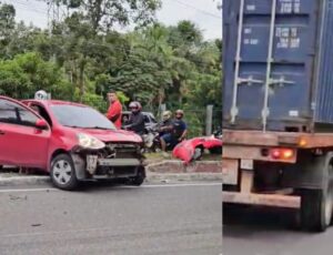 Acidente envolvendo carro e carreta deixa trânsito parado na avenida Rodrigo Otávio, em Manaus; vídeo