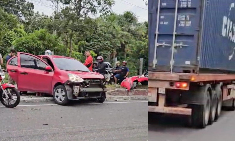 Acidente envolvendo carro e carreta deixa trânsito parado na avenida Rodrigo Otávio, em Manaus; vídeo