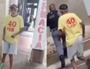 Idoso tenta esf4quear PM e policial é obrigado a reagir; veja vídeo