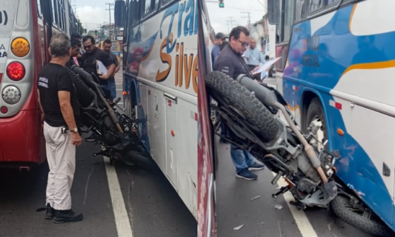 “Escapou da morte”: motoqueiro fica imprensado entre ônibus na Avenida Grande Circular; veja vídeos