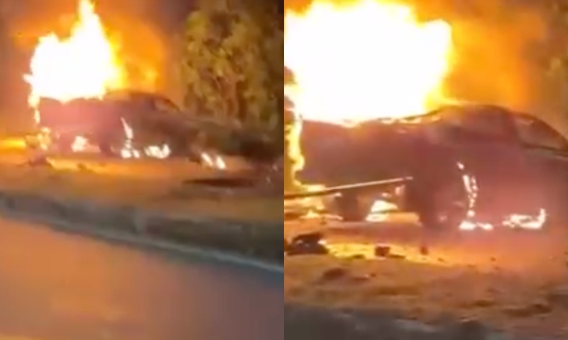 Carro colide contra poste na Avenida do Futuro e pega fogo, em Manaus; veja vídeo