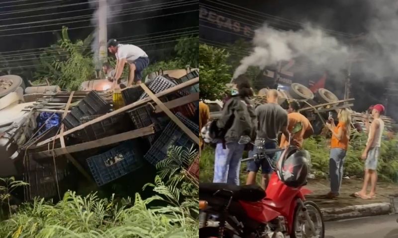 Grave acidente deixa motorista de caçamba preso às ferragens em Manaus; veja vídeos
