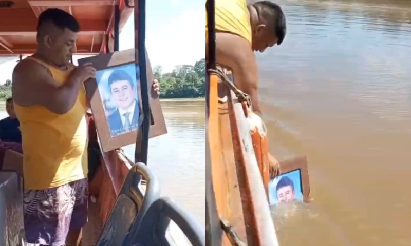 Servidor da Educação de Lábrea polui rio ao jogar retrato de ex-prefeito para bajular Gerlando Lopes; veja vídeo