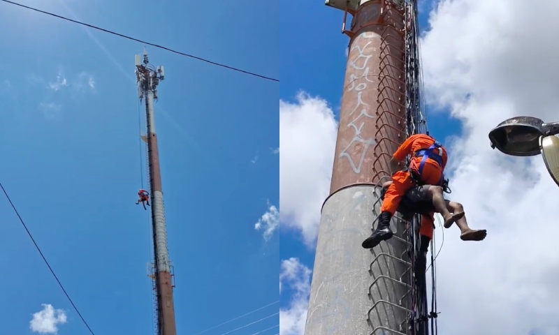 Veja momento em que homem é resgatado de torre de telefonia no bairro Compensa