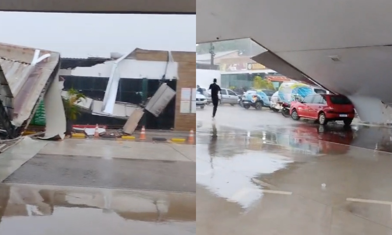 Teto de posto de gasolina desaba após forte chuva em Iranduba; veja vídeo