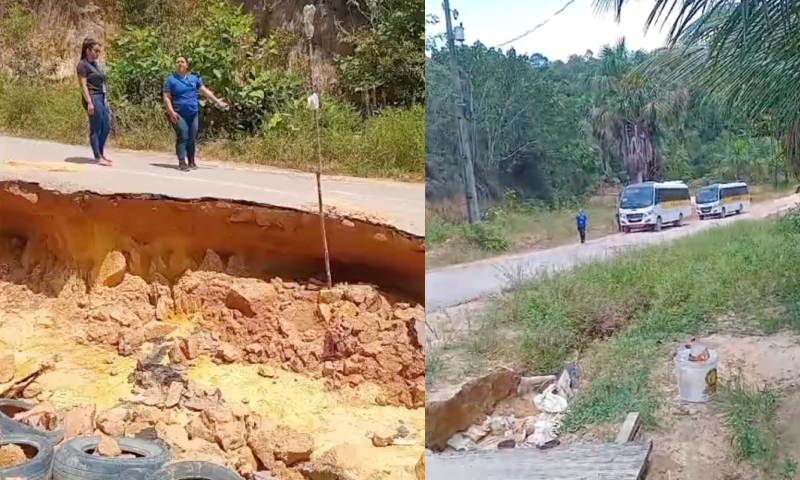 Cratera em trecho da BR-174 faz moradores fecharem trajeto para evitar tragédias: “aqui passa veículo escolar todo dia”; veja vídeo