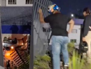 Urgente: carro atravessa calçada, rompe grades e cai atrás da área de treinamento do Detran em Manaus