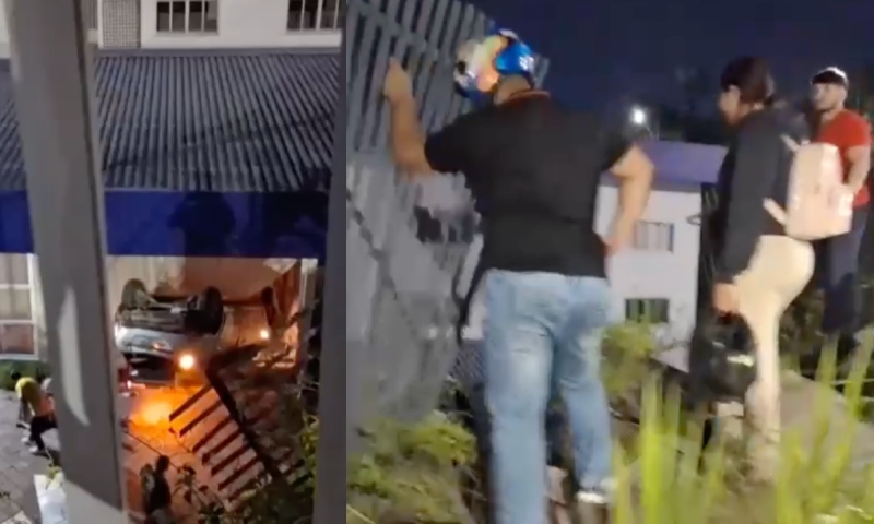 Urgente: carro atravessa calçada, rompe grades e cai atrás da área de treinamento do Detran em Manaus; veja vídeo