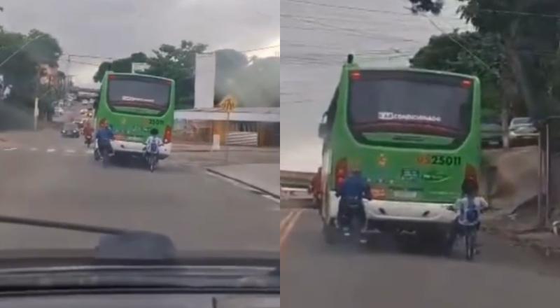 “Carona com o perigo”: ciclistas são flagrados se pendurando em ônibus em Manaus; veja vídeo