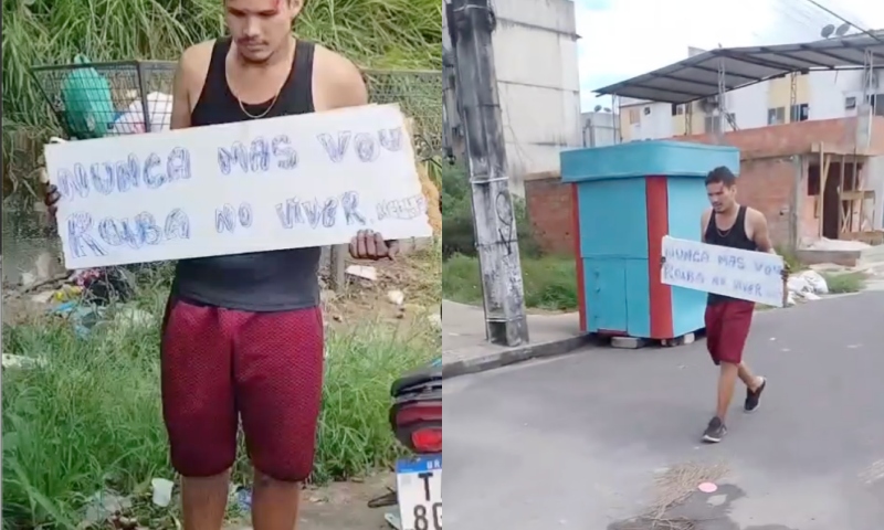 “Mister Lalau”: ladrão é obrigado a desfilar com placa ‘nunca mais vou roubar no Viver Melhor’; veja vídeo