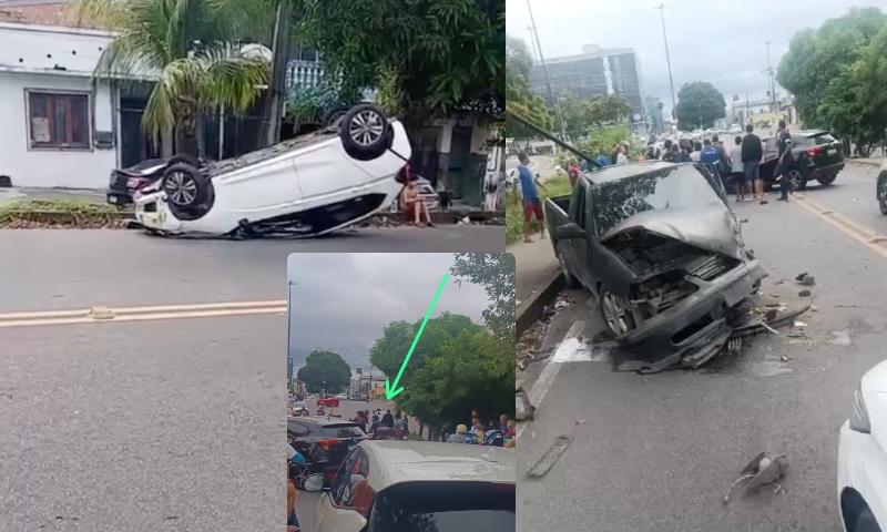 Descontrolado: motorista ‘bebaço’ atropela motoqueiro, bate em cinco carros e capota no bairro Cachoeirinha; veja vídeo