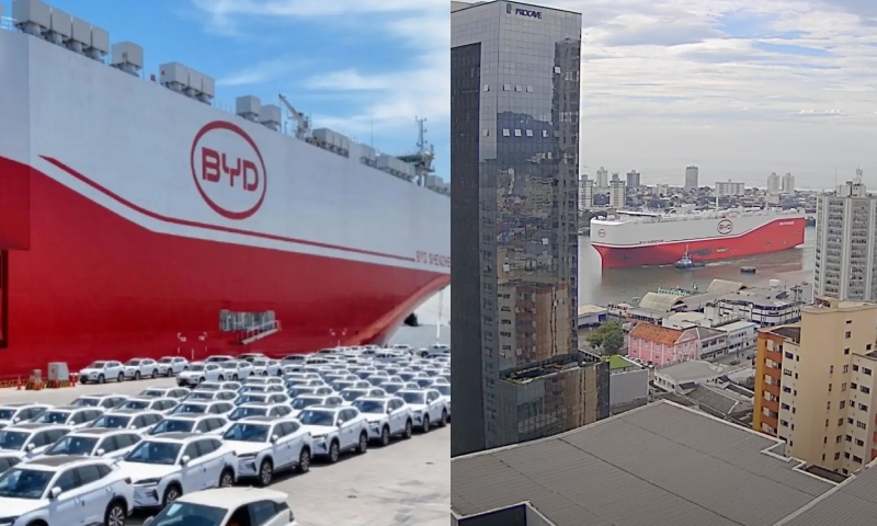 Maior navio de transporte de carros do mundo descarrega 7 mil veículos da BYD no Brasil; veja vídeo
