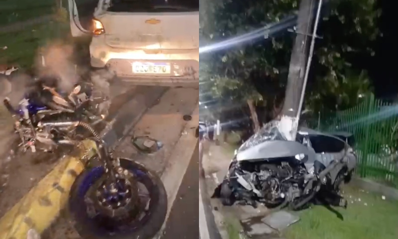 “Velozes e perigosos”: Manaus tem madrugada de acidentes fatais, com moto destruída e motorista preso nas ferragens; veja vídeos
