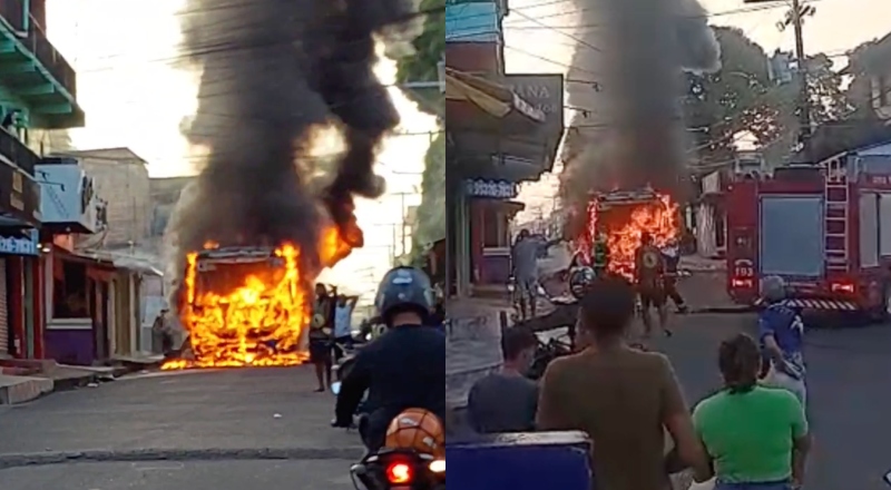Urgente: rota com trabalhadores do Distrito Industrial pega fogo em Manaus; veja vídeos