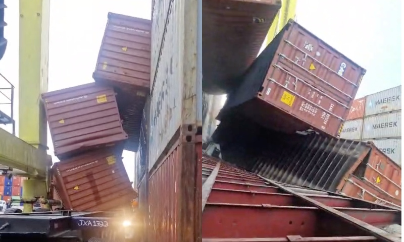Contêineres caem em cima de carreta e motorista fica preso em cabine, no Porto Chibatão; veja vídeos