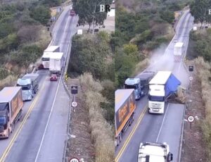 Tudo filmado: caminhão desgovernado destrói veículos e derruba carro de ponte na BR-116; vídeo