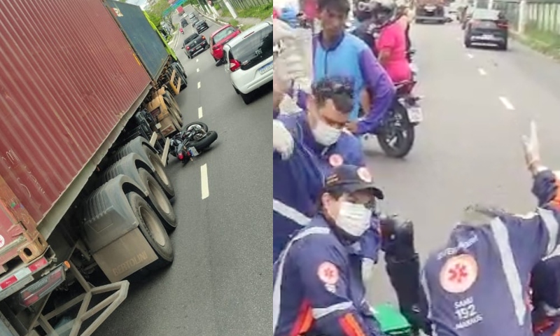 Urgente: veja momento em que motoqueiro tenta ser reanimado após acidente com carreta na avenida Efigênio Salles, em Manaus