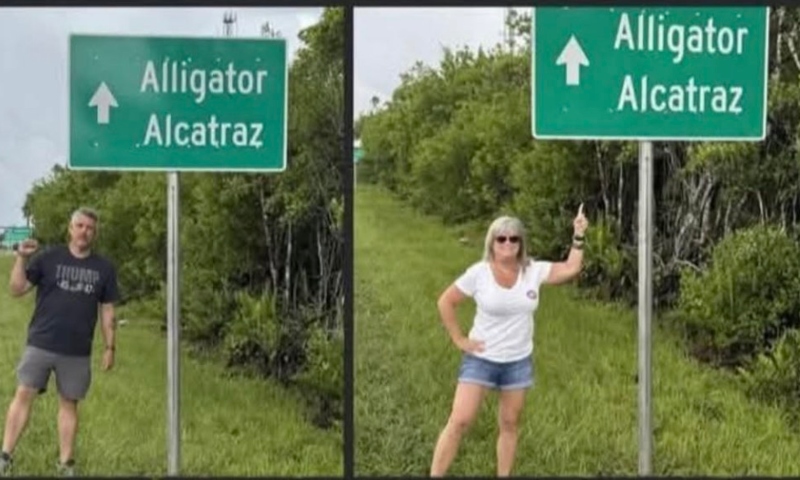‘Alligator Alcatraz’: placa de trânsito que sinaliza prisão para imigrantes ilegais vira atração turística na Flórida