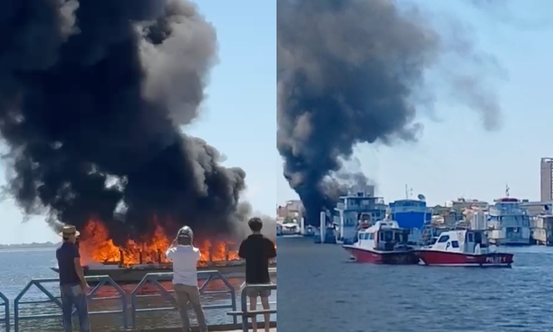 Urgente: Lancha pega fogo em frente à orla de Santarém; veja vídeos