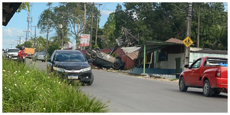 Motorista foge após capotar caminhonete e derrubar poste em Manaus