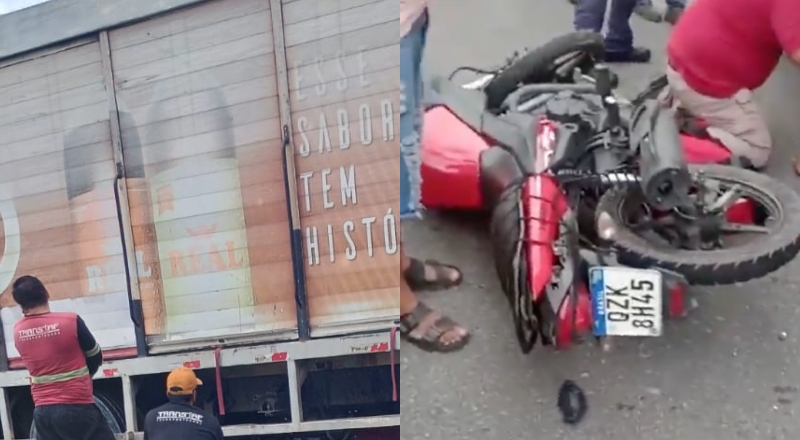 Urgente: motoqueiro vai parar debaixo de caminhão em acidente na estrada do Aeroporto de Manaus; veja vídeo