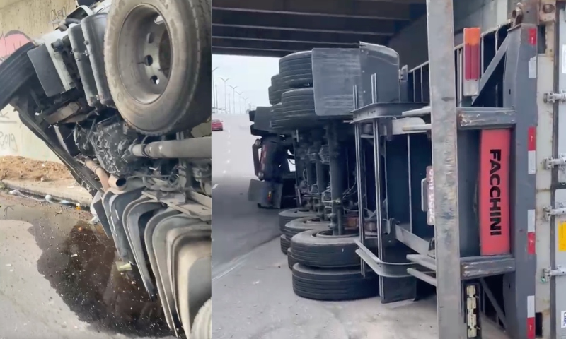 Perigo: carreta tomba na Avenida Max Teixeira e derrama óleo na pista; veja vídeo