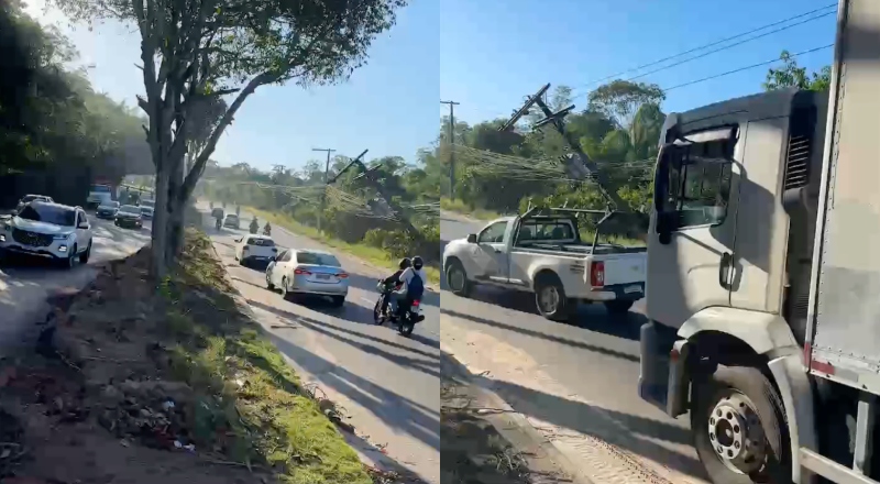 Poste tomba e ameaça desabar sobre veículos na avenida do Turismo