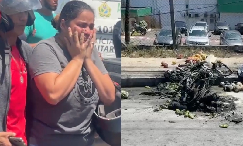 Esposa se desespera ao reconhecer corpo do motociclista carbonizado em Manaus; veja vídeo