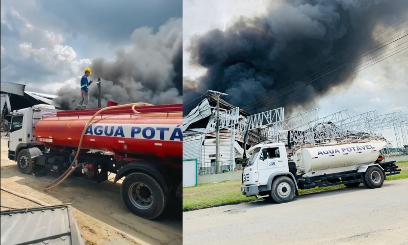Caminhões-pipa da empresa GRS Ambiental ajudam bombeiros a combater incêndio no Distrito; veja vídeo